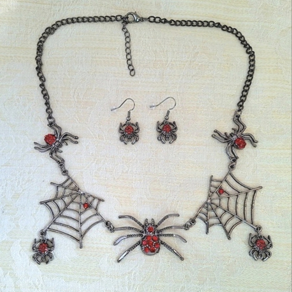 Spiders & their webs Silver tone necklace & earrings set red rhinestones w/BONUS